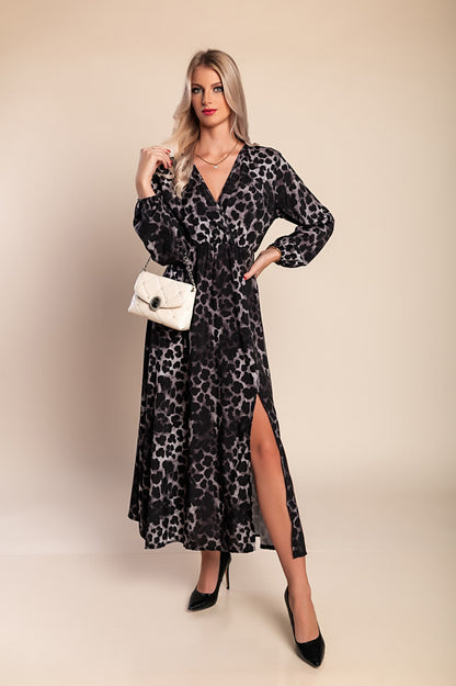Abito lungo con stampa leopardata, beige