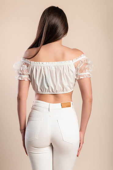 Top corto taglie forti con maniche trasparenti, bianco