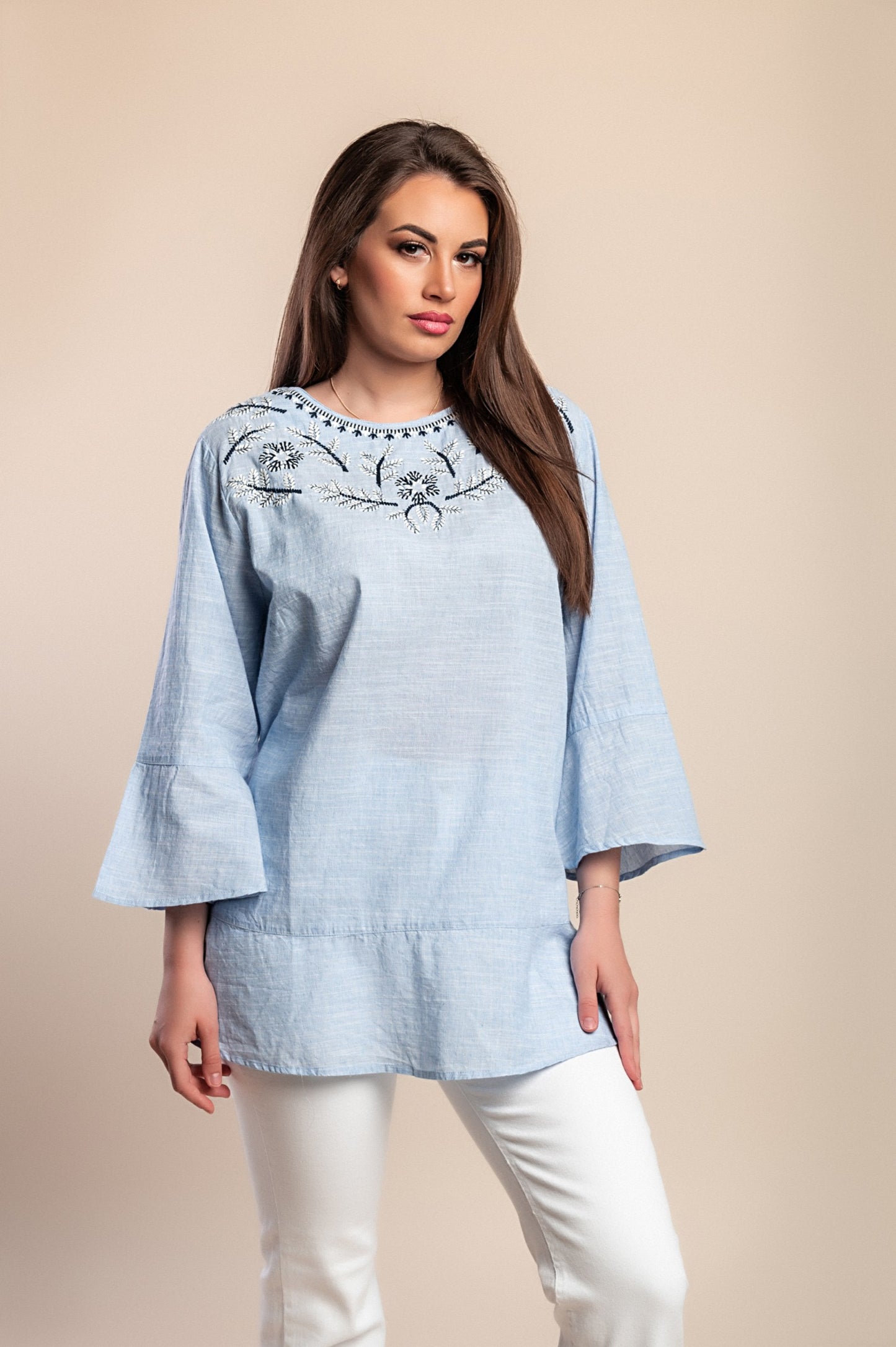 Camicetta in cotone con ricami, taglie forti, azzurra