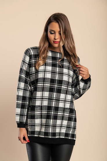 Maglia morbida con stampa scozzese, bianca e nera