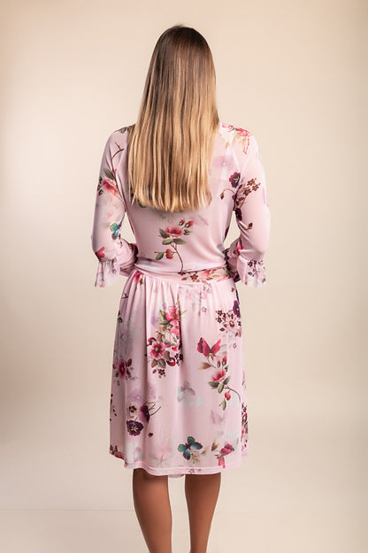 Abito midi con stampa floreale, rosa
