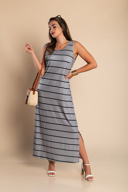 Abito lungo con stampa a righe, grigio