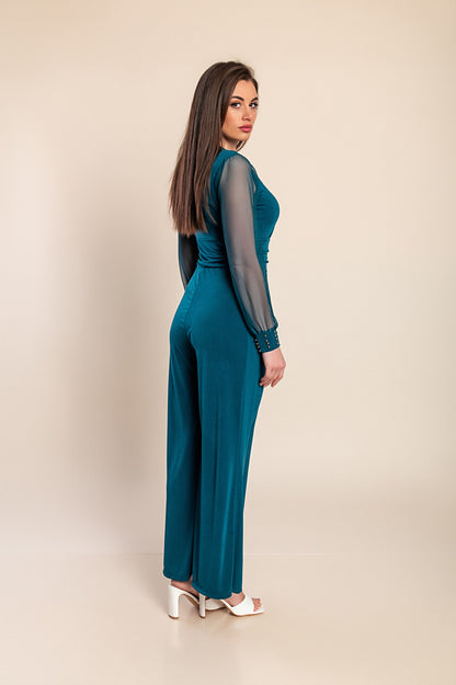 JUMPSUIT ELEGANTE CON SCOLLO A "V" E MANICHE TRASPARENTI CON RIVETTI GEORGINA, NERO