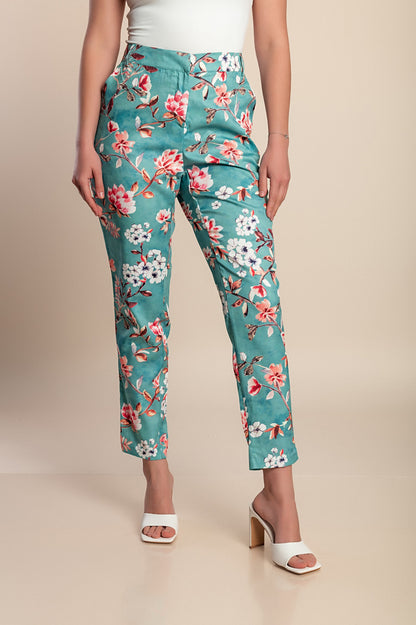 Pantaloni con stampa floreale taglie forti, verdi