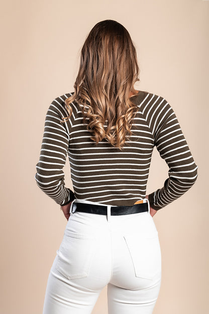 Maglietta lavorata a maglia con motivo a righe, verde scuro