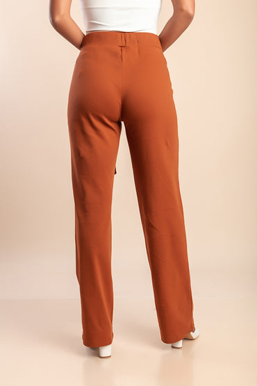 Pantaloni eleganti in cotone con nodo decorativo, cammello
