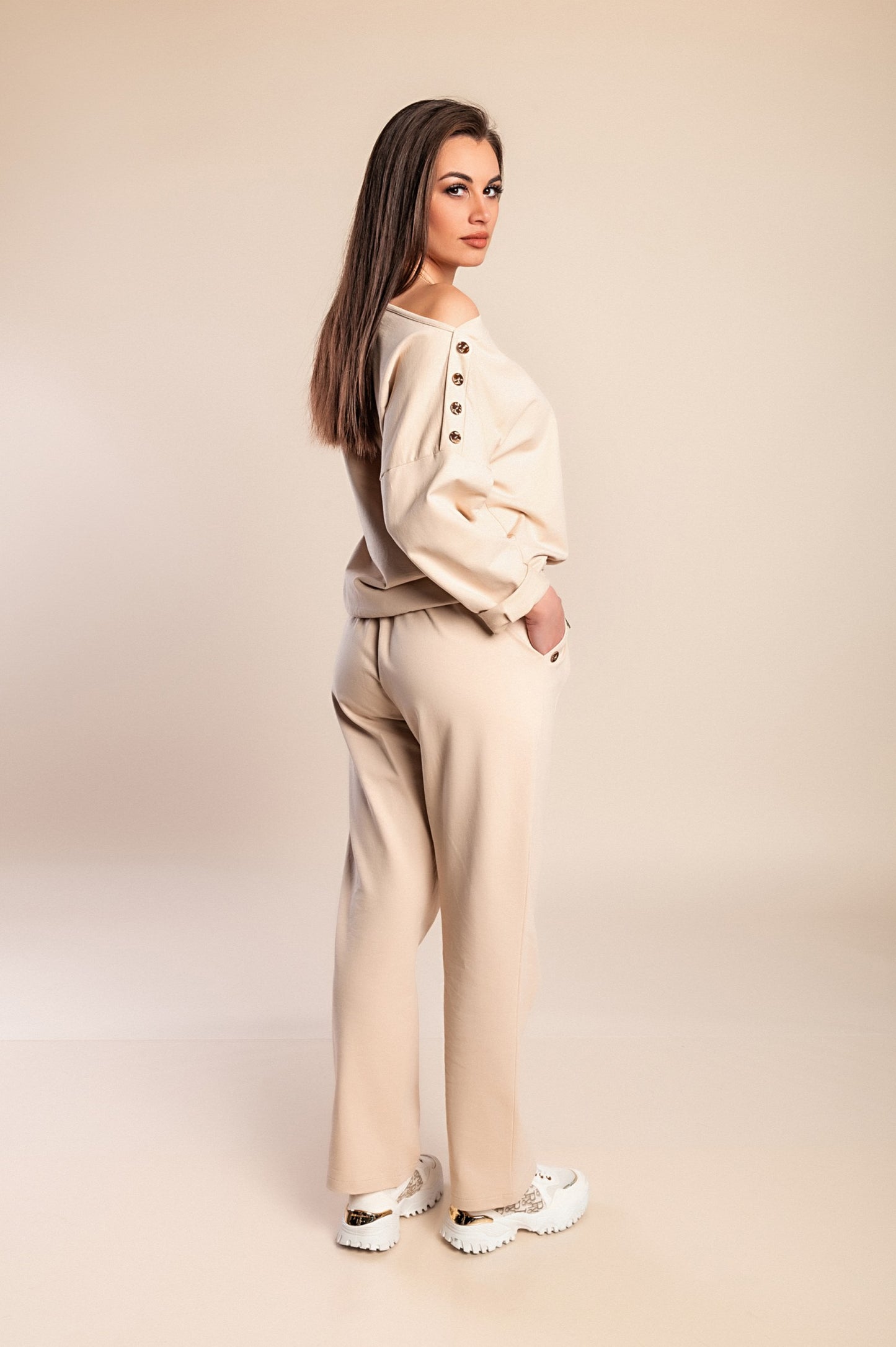 Completo due pezzi in cotone, beige