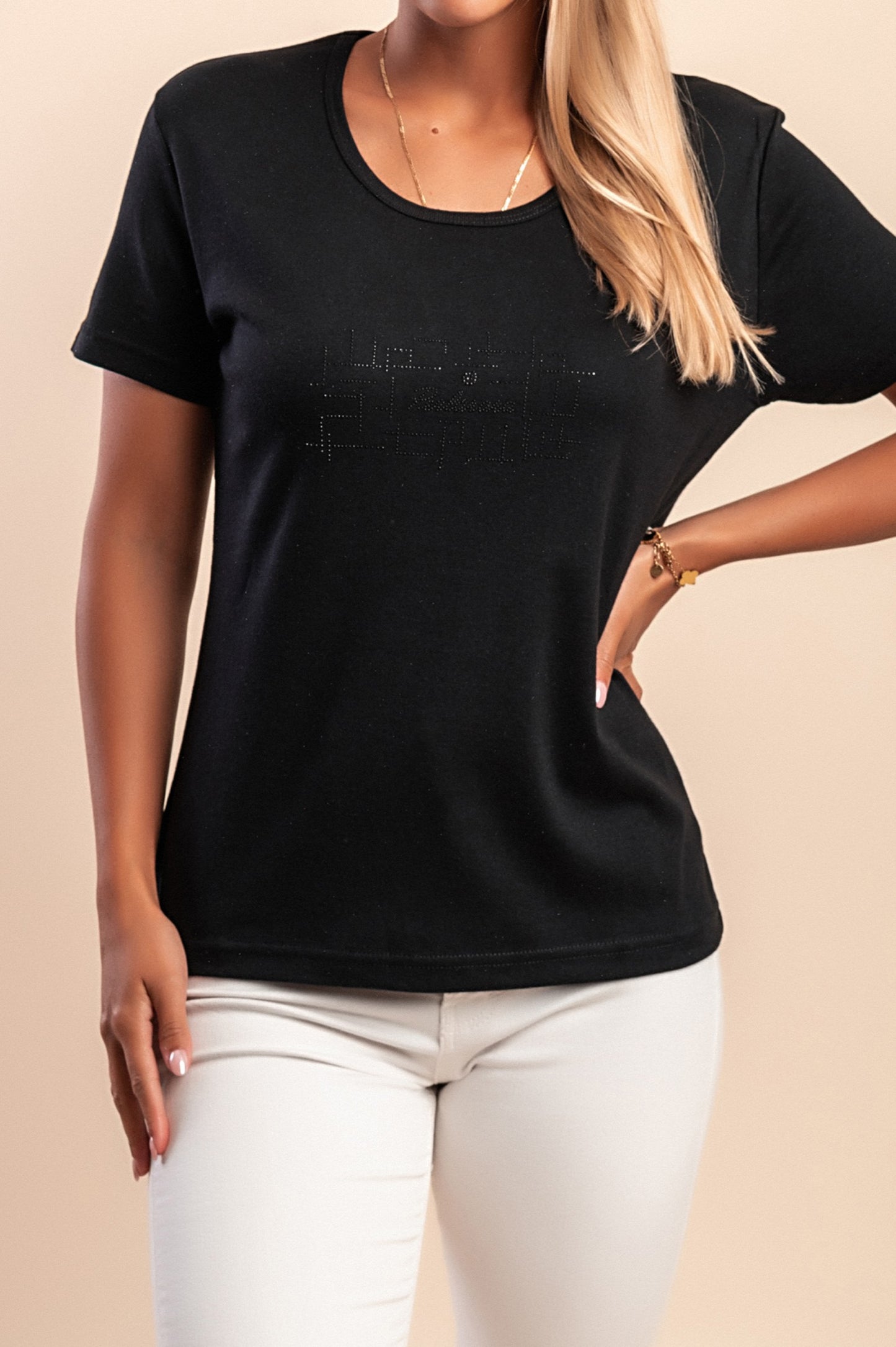 T-shirt in cotone con scollo rotondo, nera