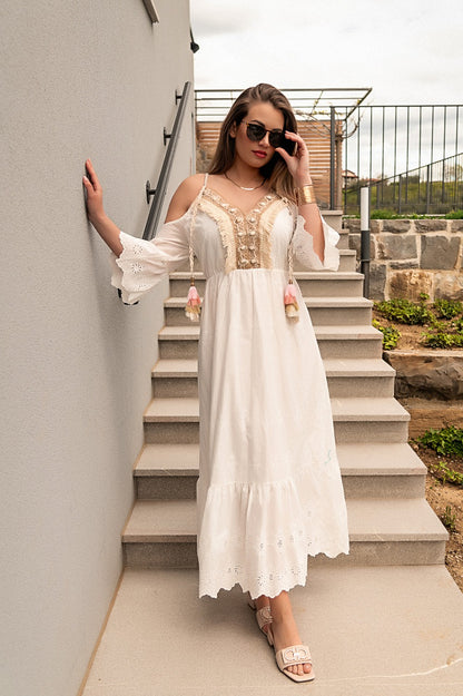 Maxi abito mare con ricamo Fioranna, bianco