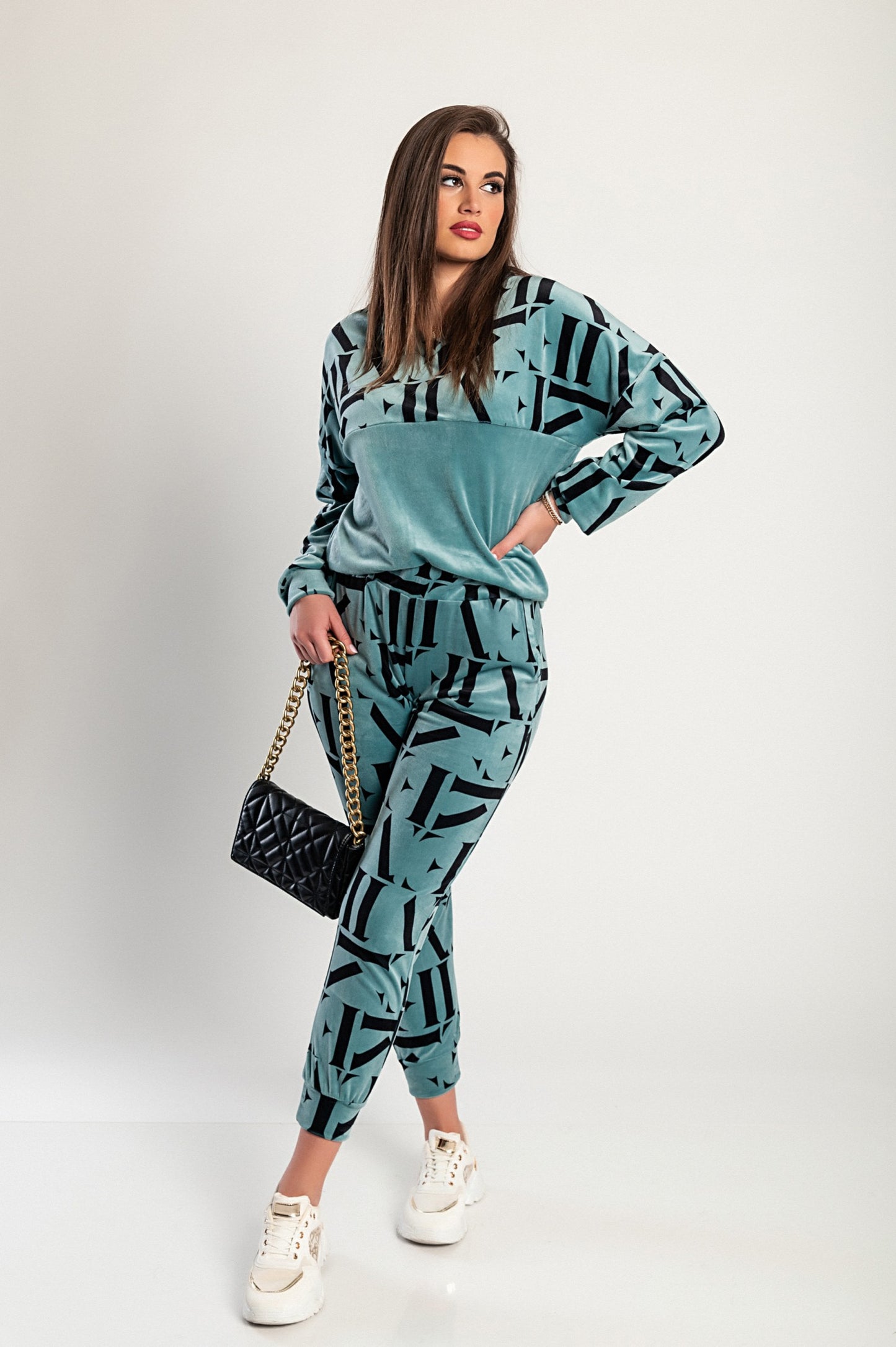 Tuta in finto velluto con stampa di lettere Laureta, Menta