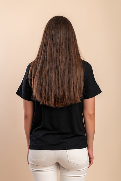 Top con stampa a righe e pizzo, nero