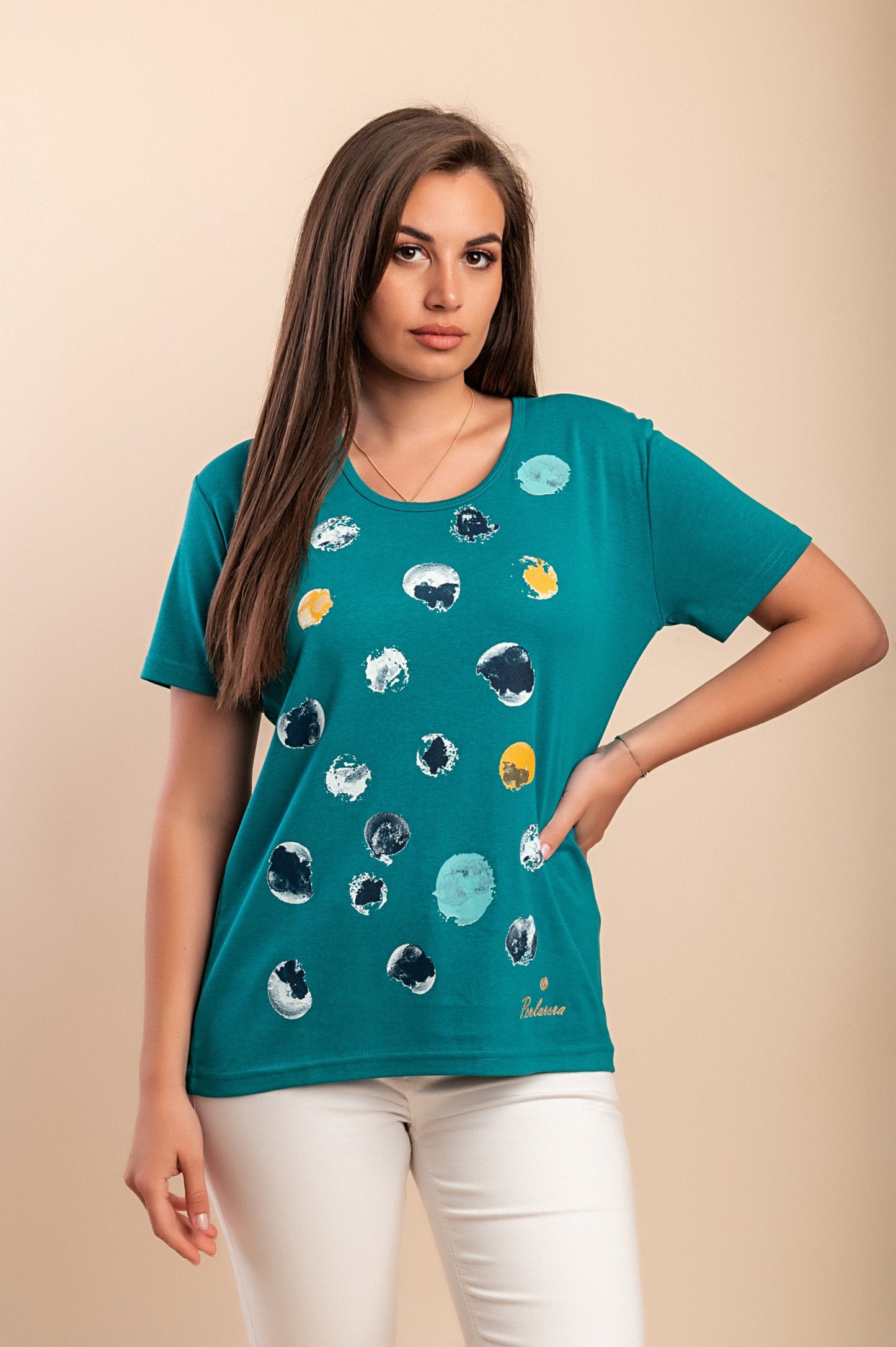 T-shirt in cotone con stampa, petrolio