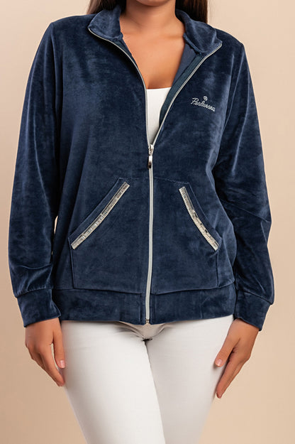 Felpa con zip in cotone e velluto sintetico, blu scuro
