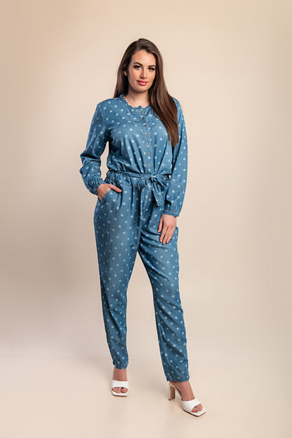 Tuta in denim con stampa a pois, blu