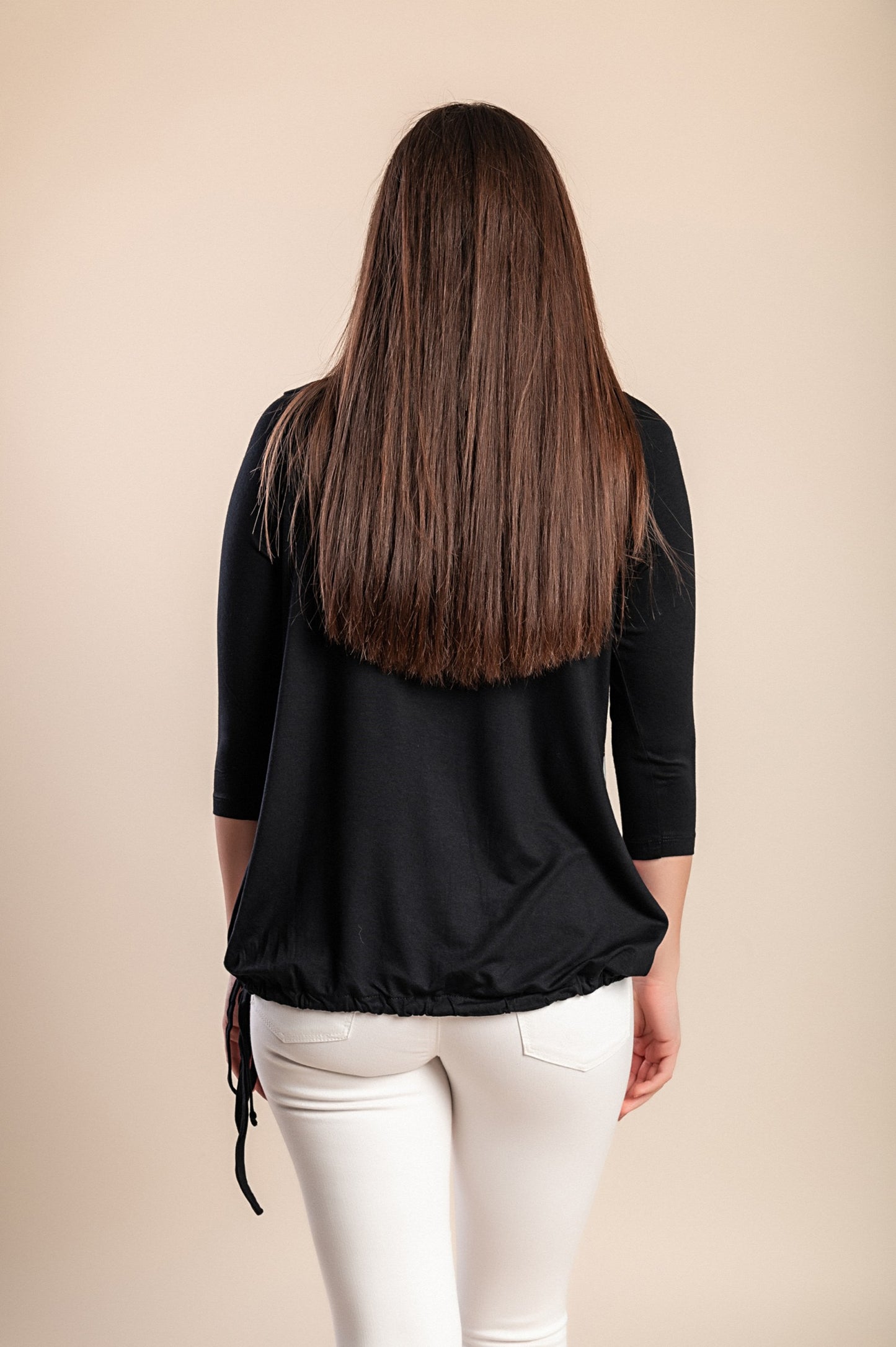 Top con maniche 3/4 stampato in taglie forti, nero