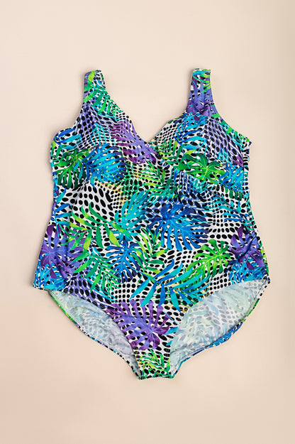 Costume da bagno stampato taglie forti, blu-verde