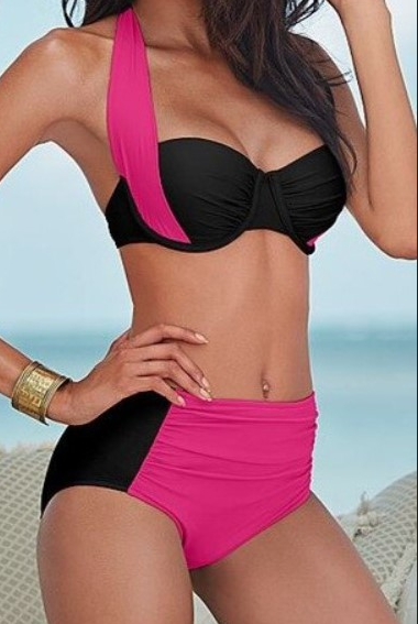 Costume da bagno due pezzi con reggiseno imbottito, nero e rosa