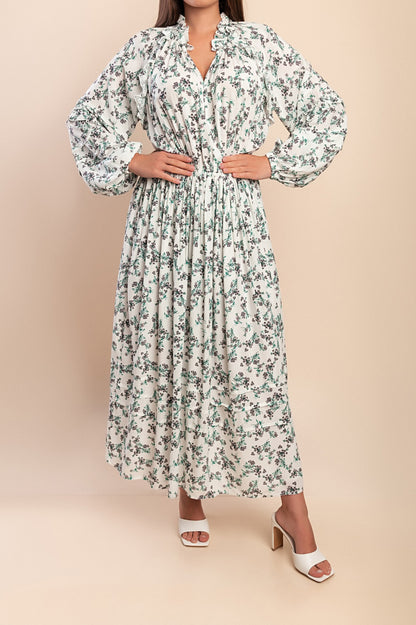 Abito lungo con stampa floreale, bianco
