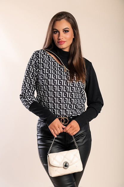 Maglietta elegante con stampa geometrica e zip Mattina, bianco