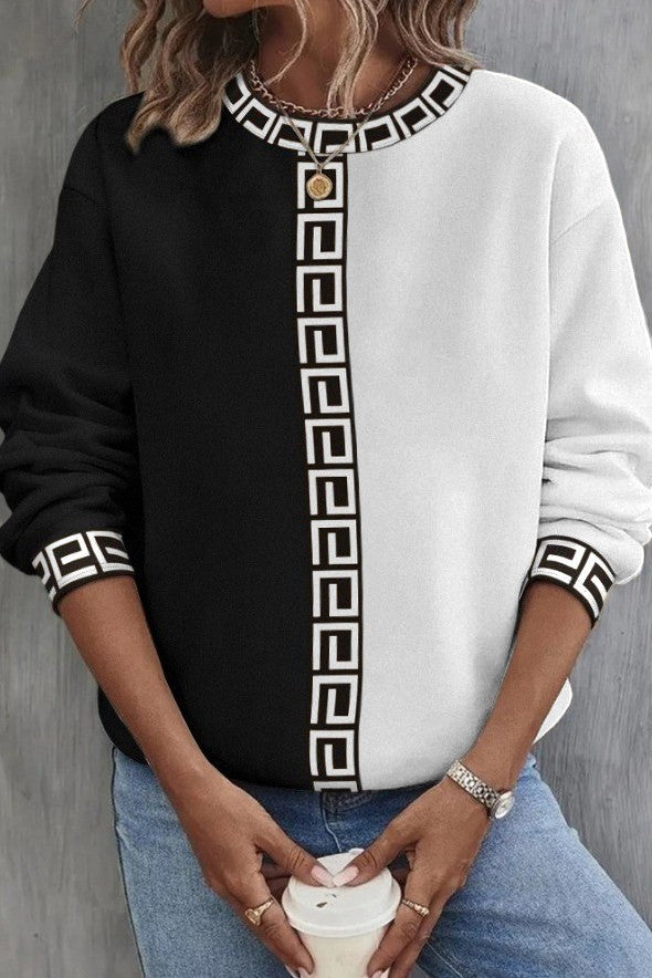 Maglia ampia con stampa geometrica, nero e beige