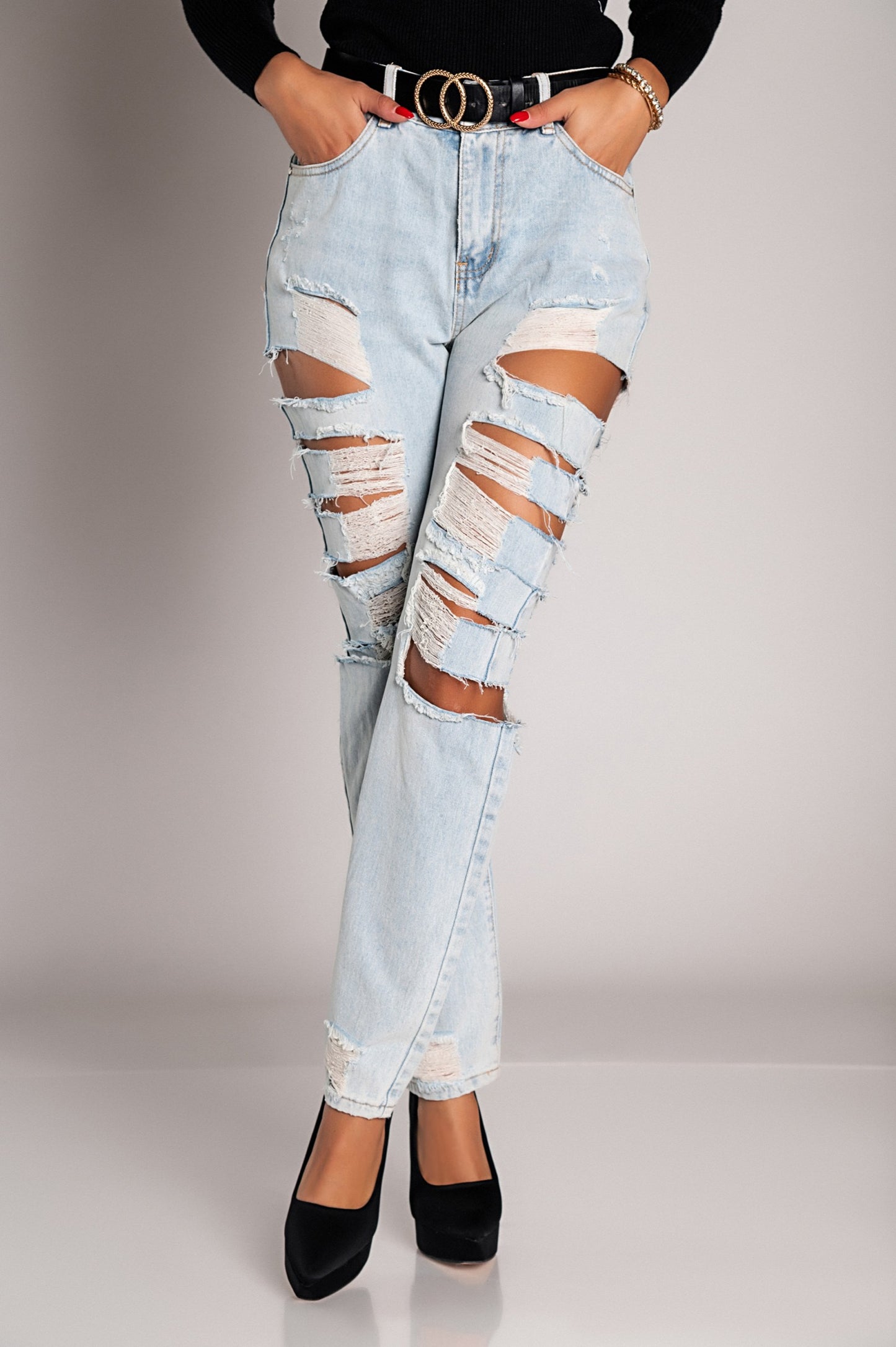 Jeans dritti con grandi strappi Venetina, azzurro