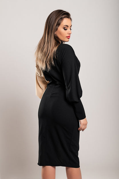 Elegante abito midi con stampa geometrica, nero e beige