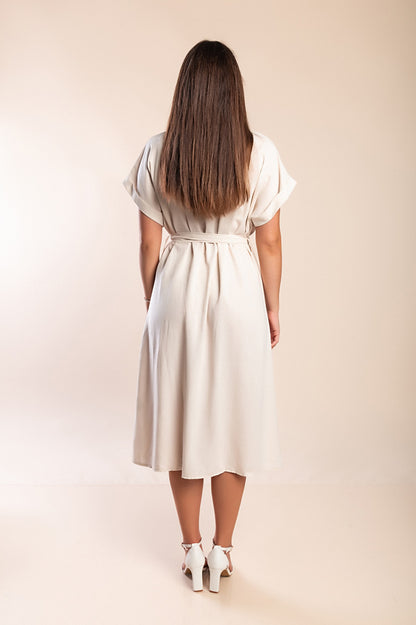 Abito midi in lino con bottoni, beige