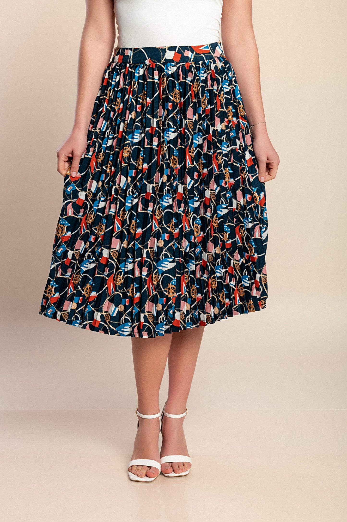 Gonna midi con stampa, blu scuro