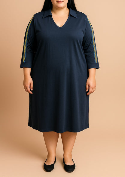 Abito midi taglie forti con colletto, blu scuro