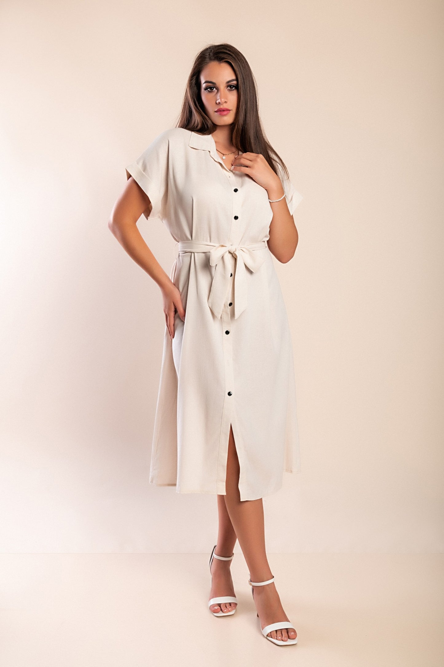 Abito midi in lino con bottoni, beige