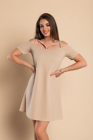 Mini abito ampio a maniche corte con spalline sottili decorative, CECINA, beige