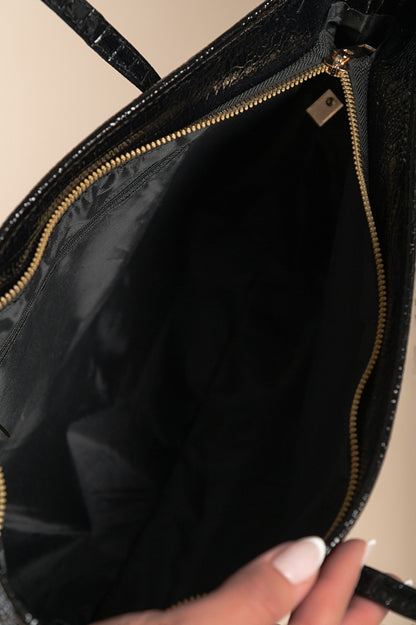 Borsa a mano grande fantasia coccodrillo, nera
