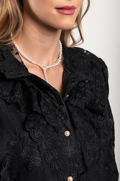 Camicia elegante con ricami e balze Laroya, nera