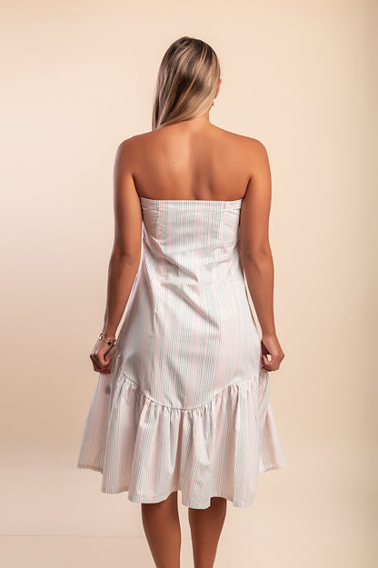 Abito midi in cotone con stampa a righe, bianco