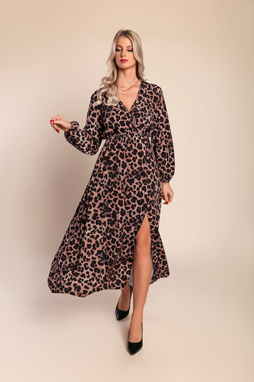 Abito lungo con stampa leopardata, beige