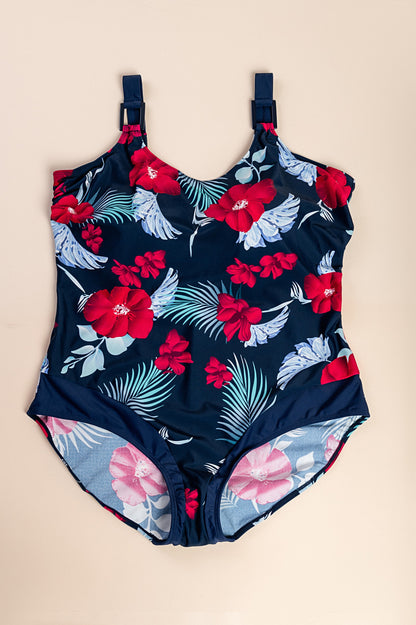 Costume intero taglie forti con stampa floreale, blu