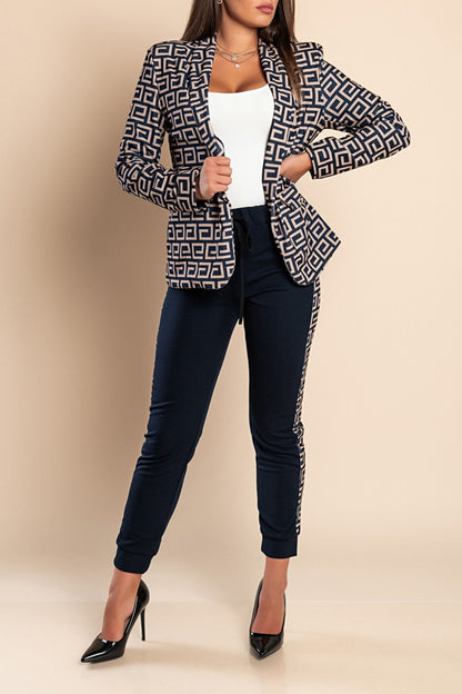 Completo pantalone con blazer elegante con stampa geometrica Nunzia, beige