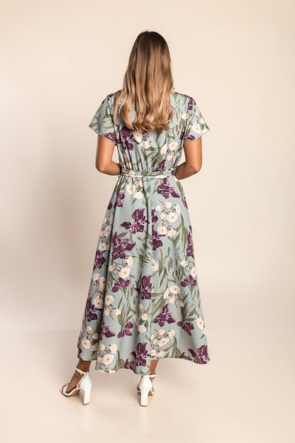 Abito lungo con stampa floreale, verde oliva chiaro
