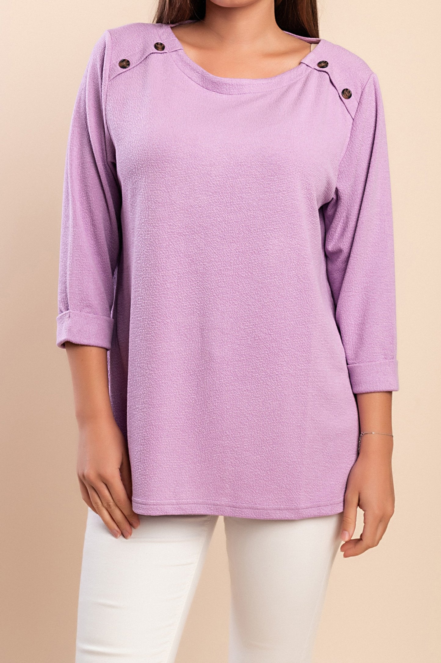 Top taglie forti con bottoni, viola