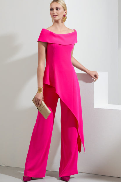 Elegante set composto da top e pantaloni asimmetrici, fucsia