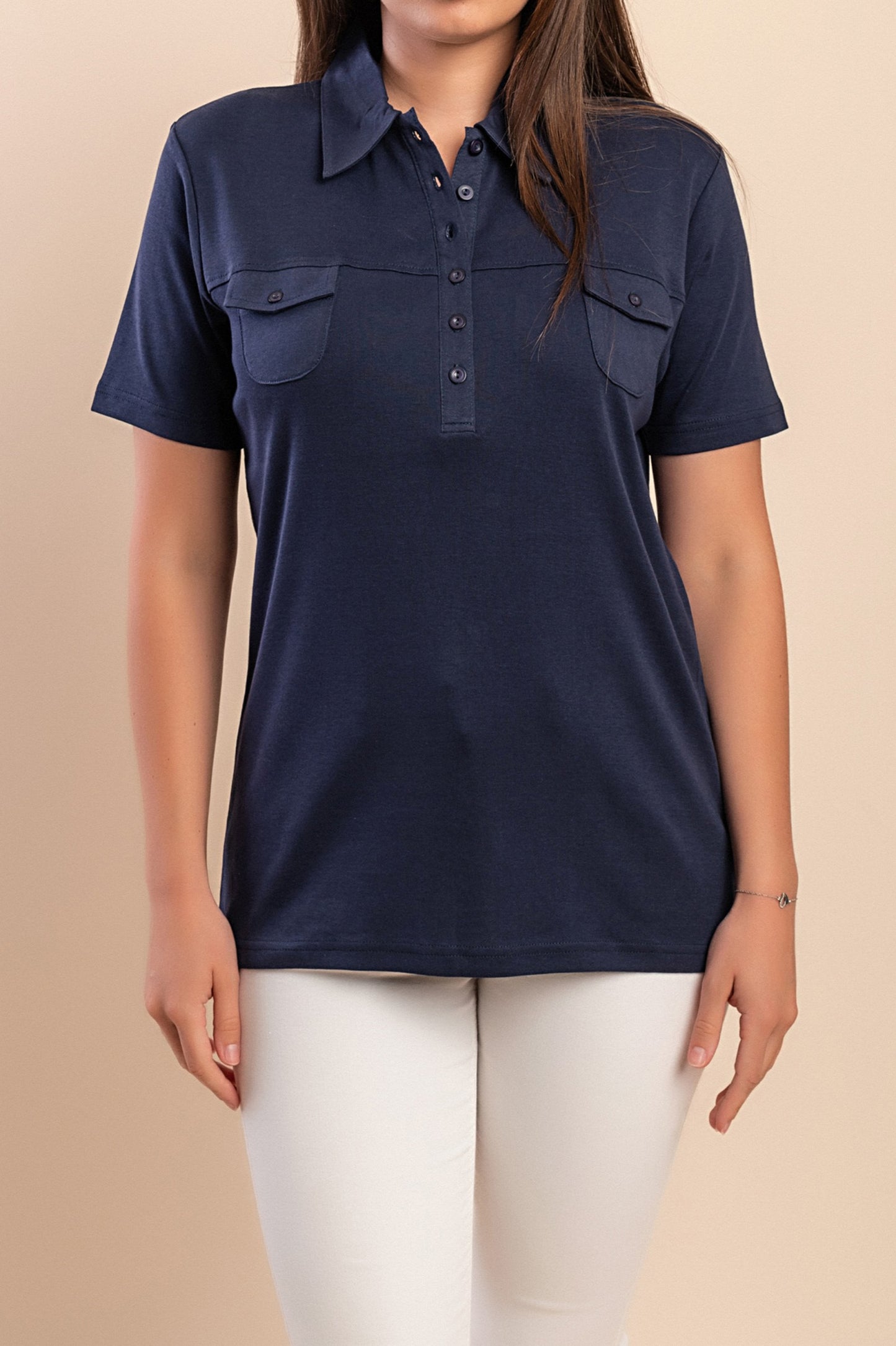 T-shirt in cotone con colletto e tasche, blu scuro