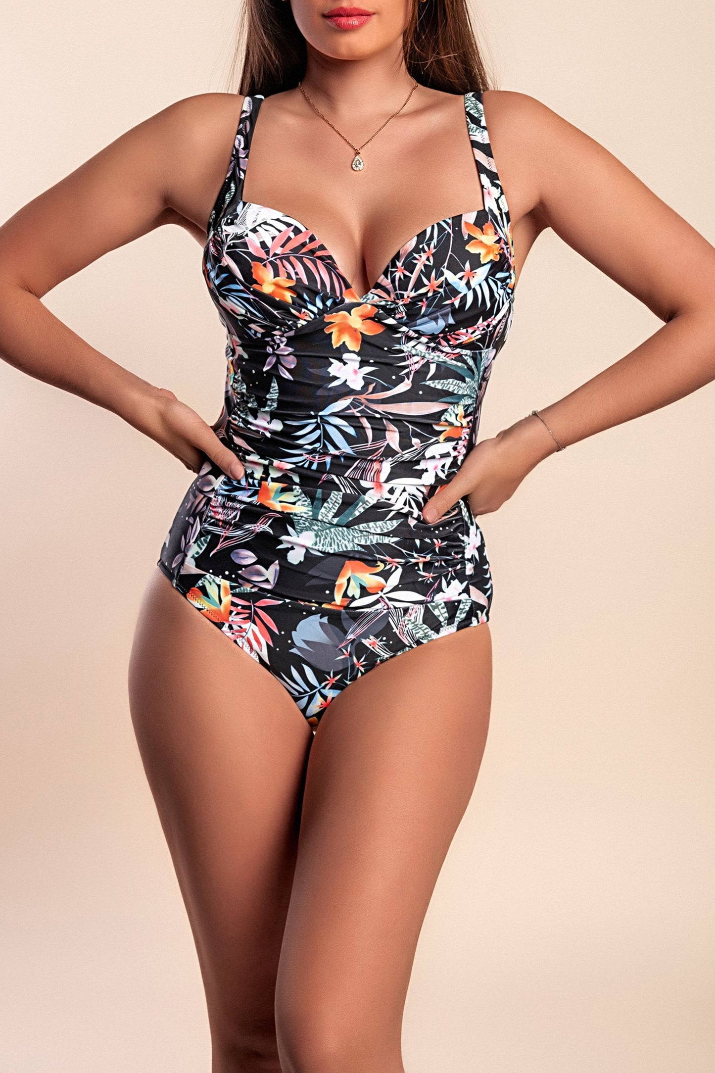 Costume intero taglie forti con stampa, nero