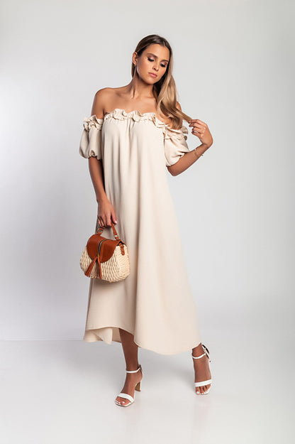 Abito lungo con volant, beige