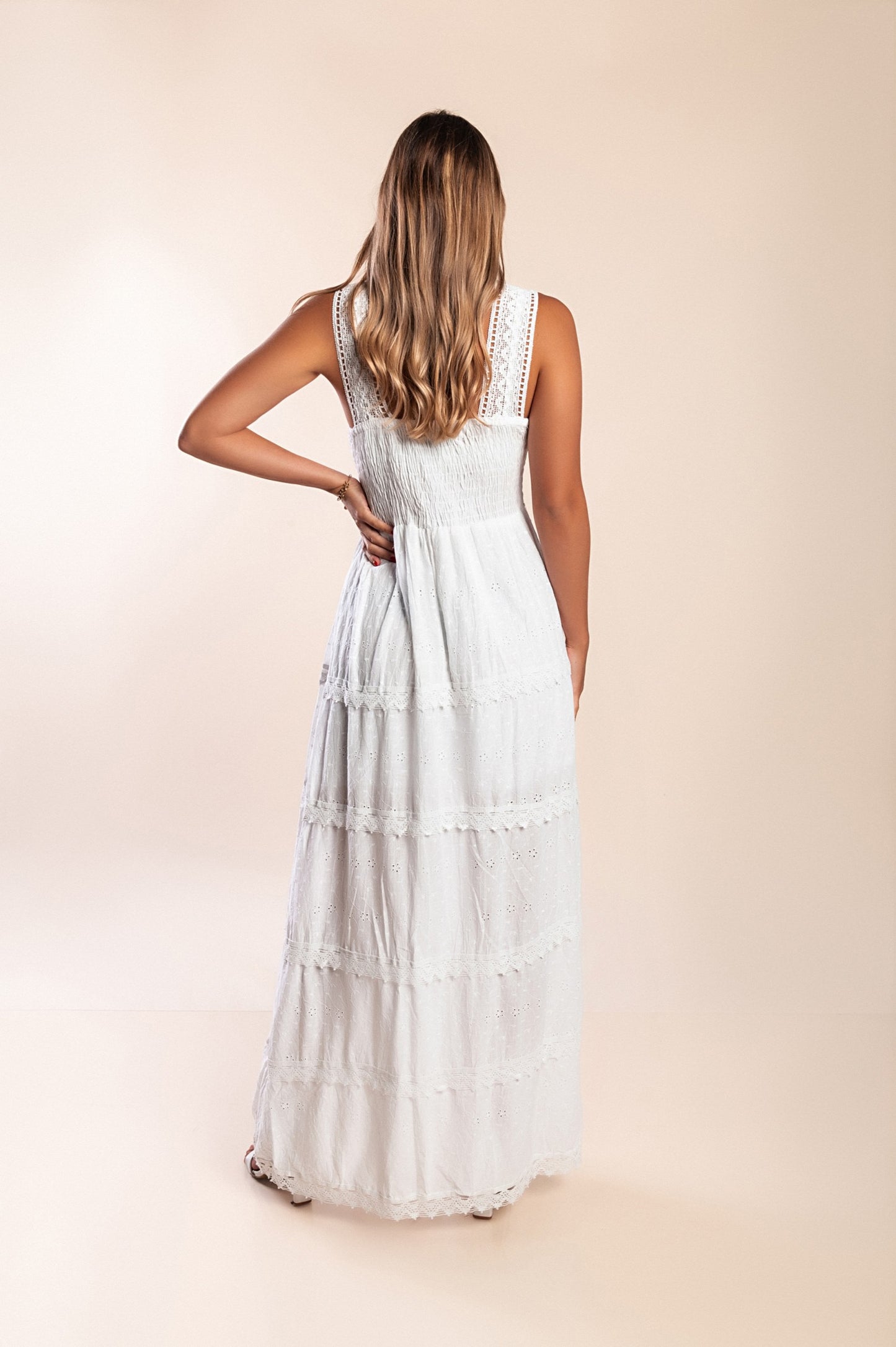 Abito lungo in cotone con pizzo, bianco