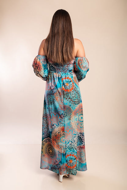 Abito lungo elegante con stampa Montella, celeste