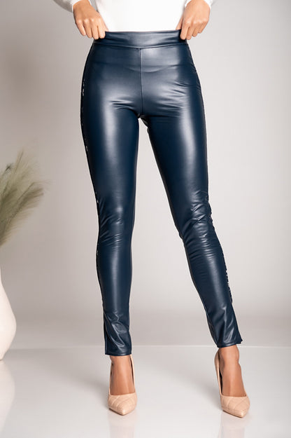 Eleganti leggings in ecopelle con pizzo Margaretta, nero