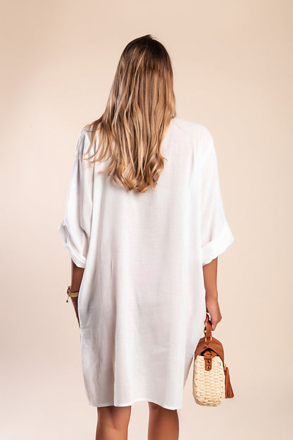 Abito chemisier in cotone con ricami, bianco