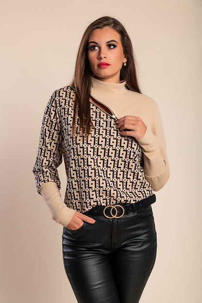 Maglietta elegante con stampa geometrica e zip Mattina, bianco