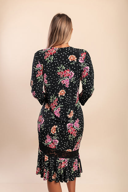 Abito midi con stampa floreale, nero