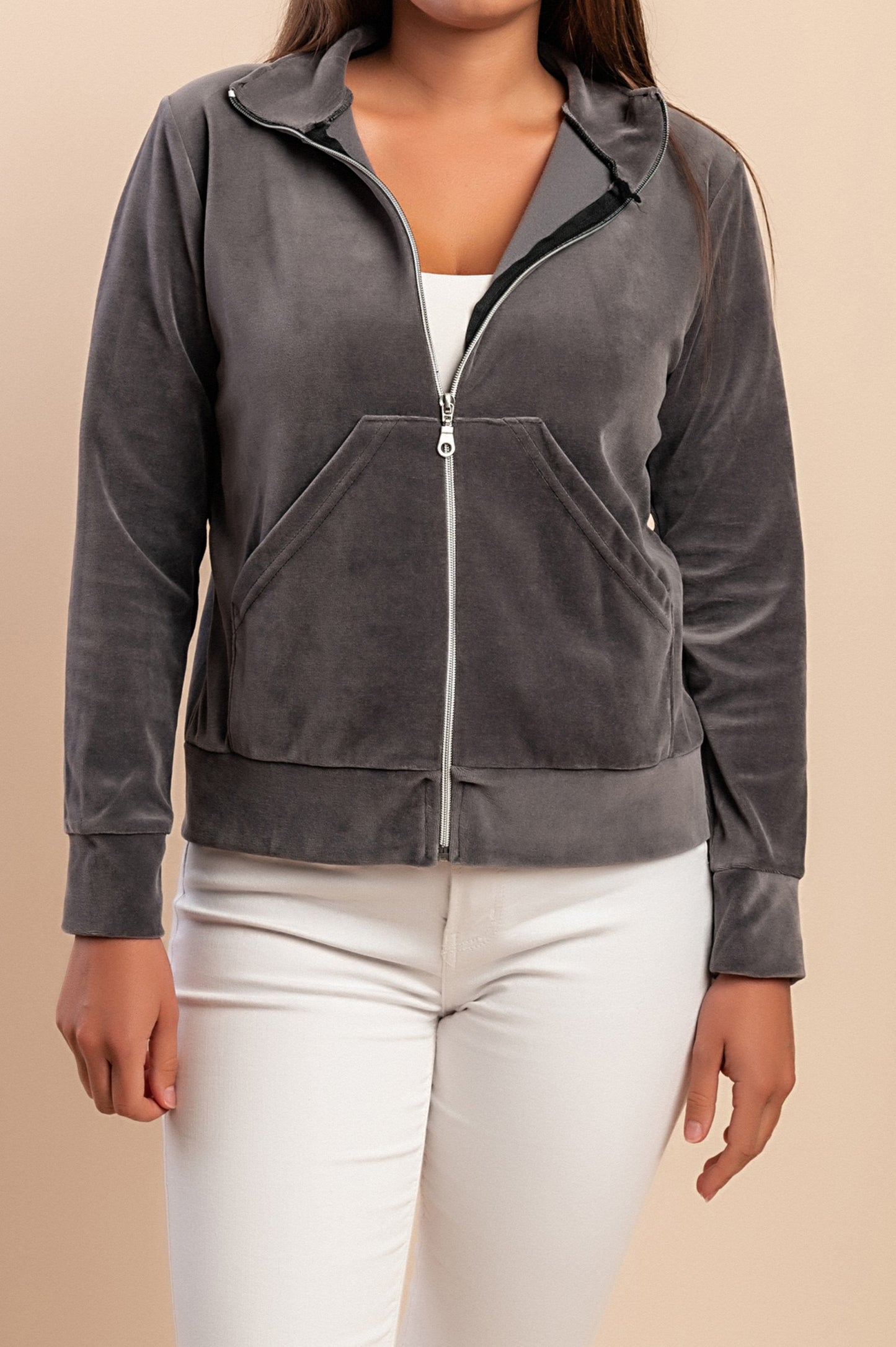 Felpa con zip in cotone e velluto sintetico, grigio